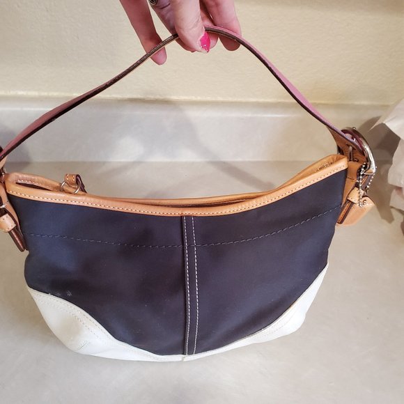 Vintage Rare Coach Black Twill & Leather Hobo Bag Purse c - Picture 1 of 9